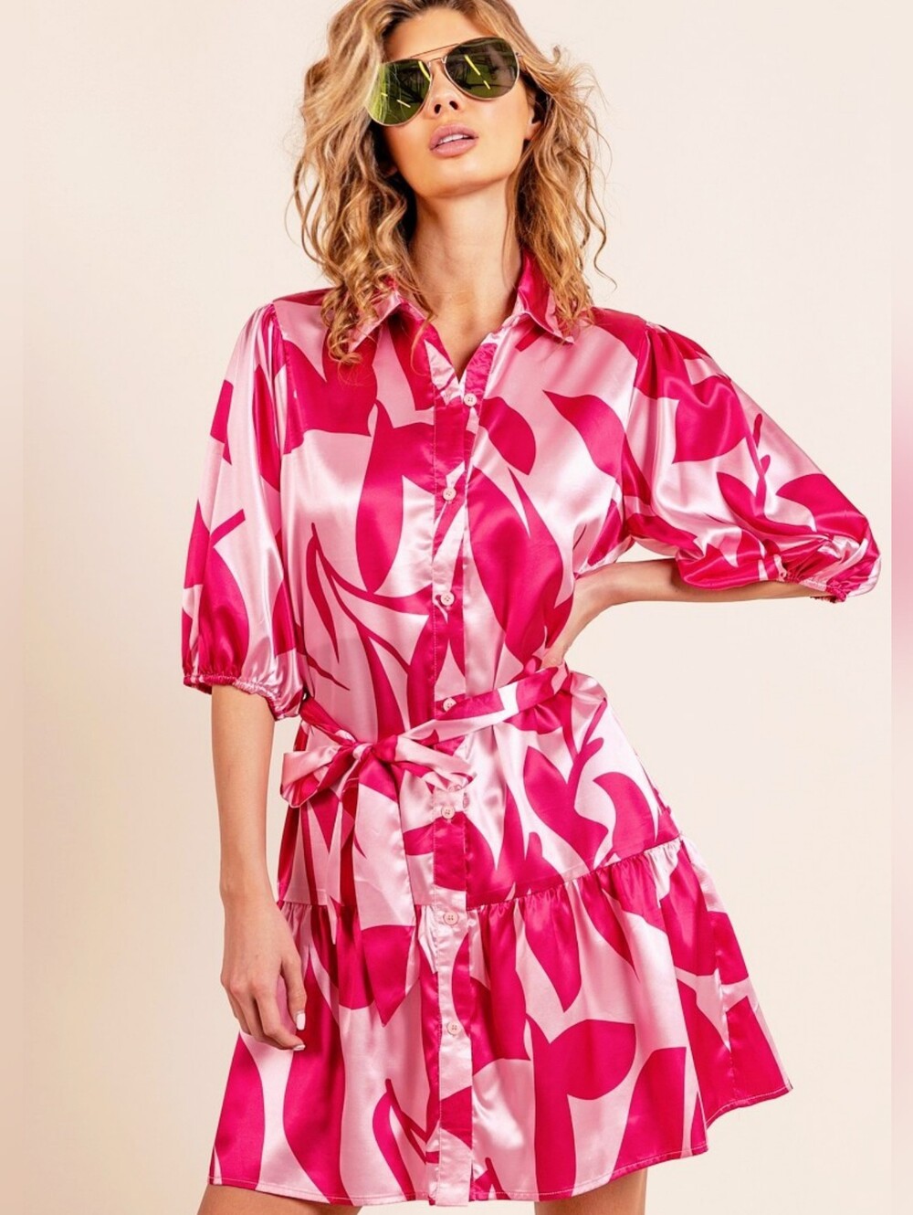 Satin Leaves Collared Dress